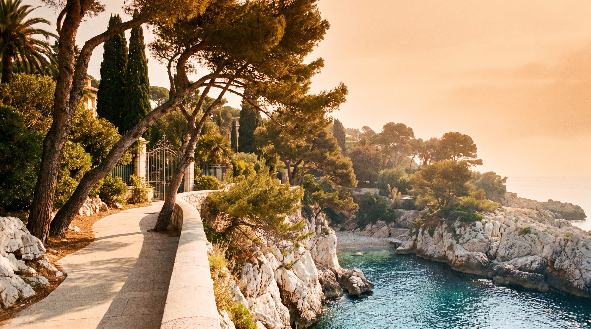 The coast path on Cap Ferrat at golden hour, umbrella pines above a turquoise cove
