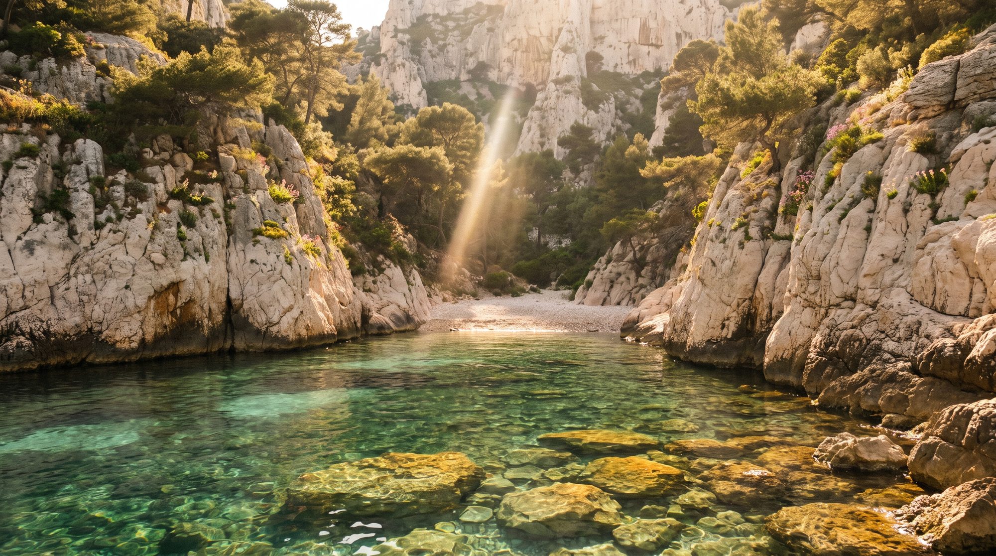 A narrow inlet of jade water between limestone walls